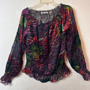 Nygard Top blouse 10 Burnout Velvet velour Smocked sheer elastic dark fairy goth